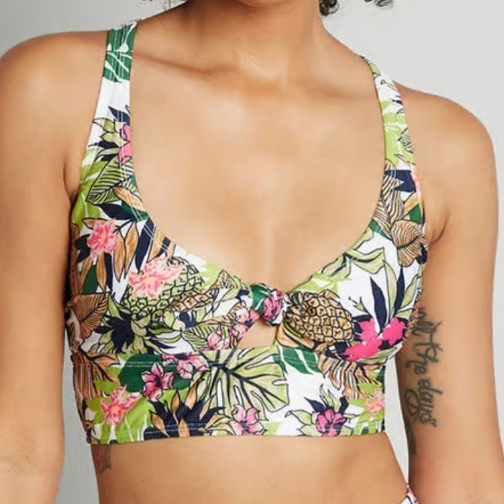 ModCloth The Annika Crop Bikini Top Green Pineapple Floral Swim Top Small